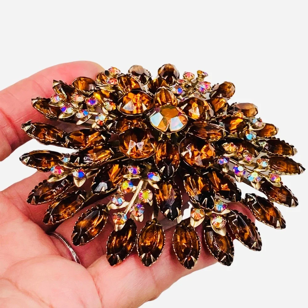 Stunning Huge Vintage Topaz and AB Rhinestone Brooch Earring Set